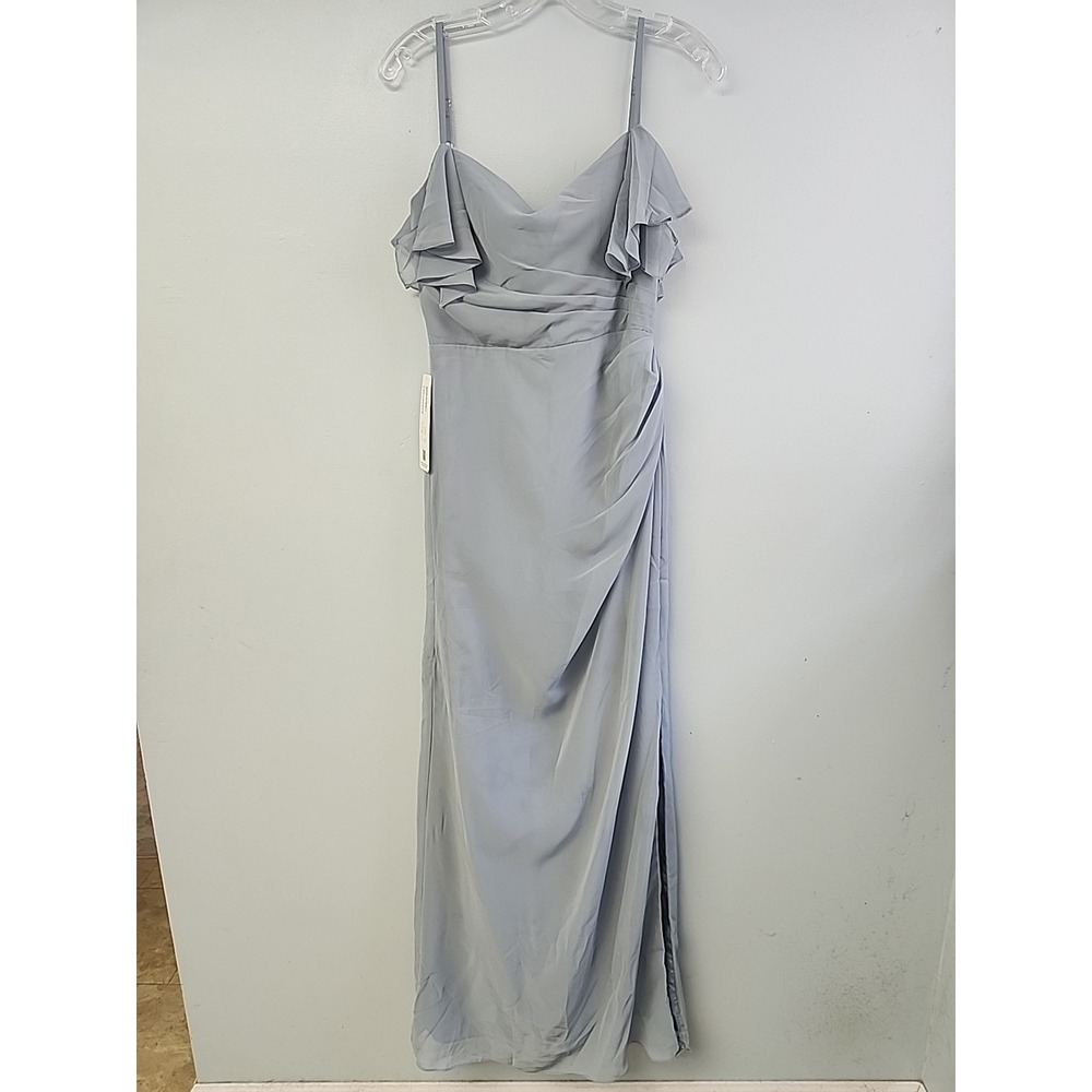 Azazie Emeralda Sz 4 Dusty Blue Sheath Off The Shoulder chiffon bridesmaid dress
